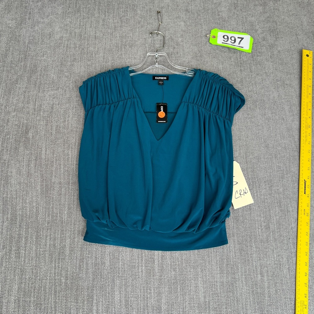 Express Blouse Top Womens Small Teal Blue V-Neck Gathered Shoulder Office Chic